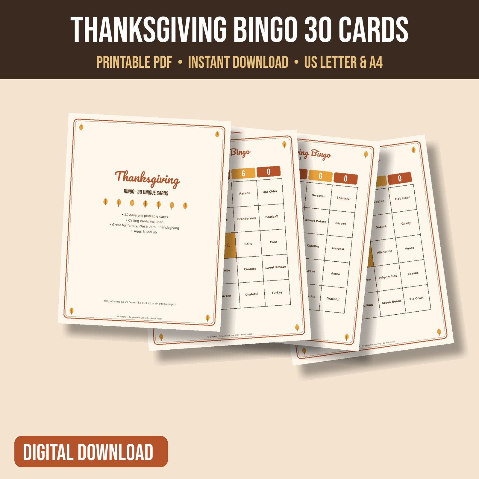 Thanksgiving Bingo – 30 Cards